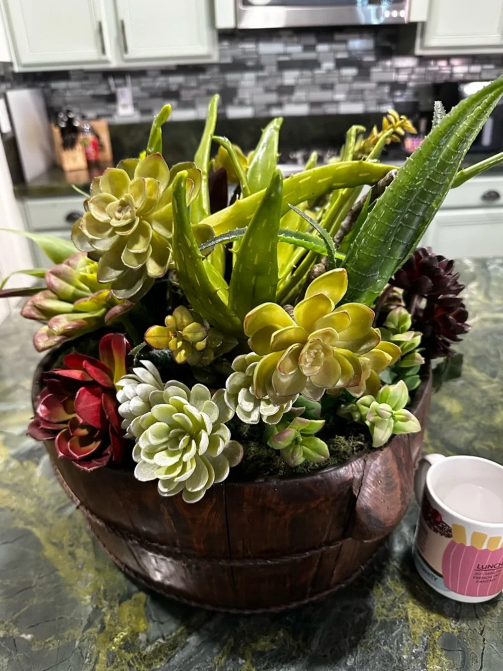 Succulent Barrel Arrangement -Green & Red Large rustic wood barrel planter 15x16
